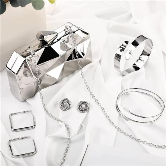 SILVER 5 Pc Clutch Purse for Women Evening Prom Metallic Clutch W/ Jewelry Set - Picture 5 of 7